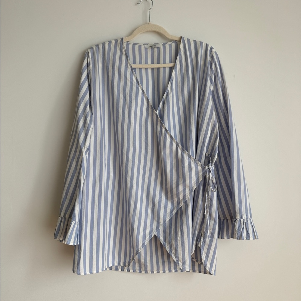 Ganni Blue and White Striped Wrap Blouse